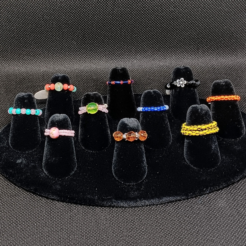 HANDMADE Lot of 10 Multicolor Stackable Beaded Adjustable Stretch Rings Set - Picture 2 of 8